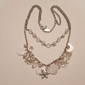 #1071. Shell & Snowflake, Silver Toned Faux Pearl, Double Layer Necklace. 9 1/2"